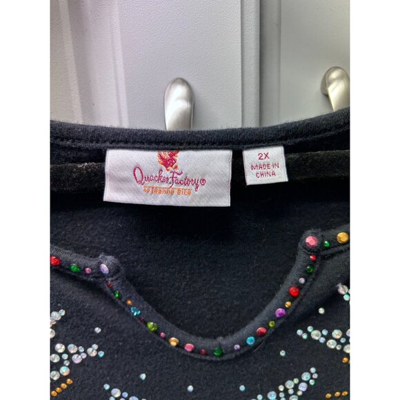 Quacker Factory Womens Angel Studded 3/4 Sleeve Top Cotton Holiday Shirt Blck 2X - Picture 7 of 10